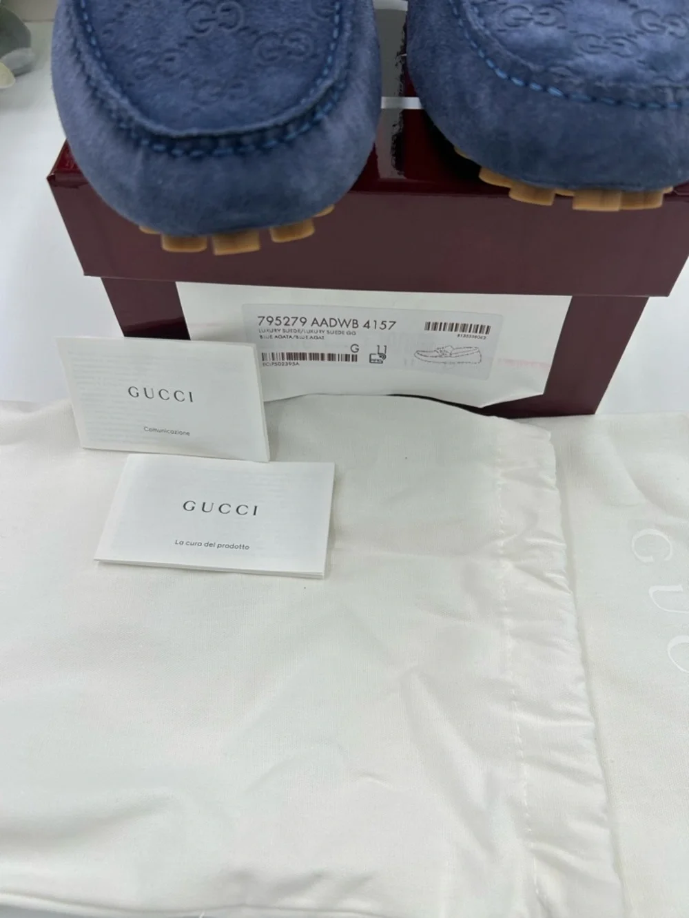 Men's Gucci, GG embossed suede Driver loafers size 11 fits 11.5 US made in Italy